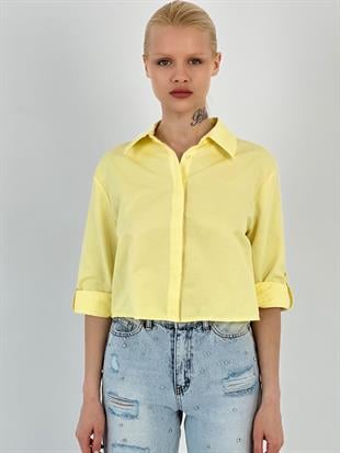 Kadın Gizli Düğmeli Katlanabilir Kol Sarı Gömlek
