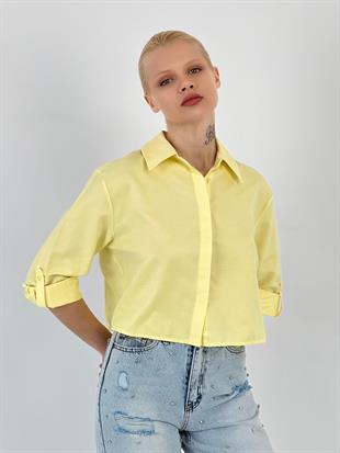 Kadın Gizli Düğmeli Katlanabilir Kol Sarı Gömlek