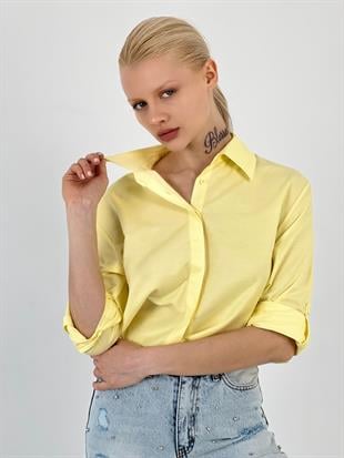 Kadın Gizli Düğmeli Katlanabilir Kol Sarı Gömlek