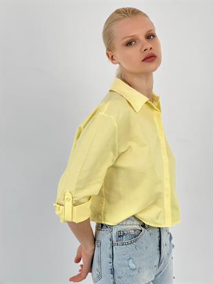 Kadın Gizli Düğmeli Katlanabilir Kol Sarı Gömlek