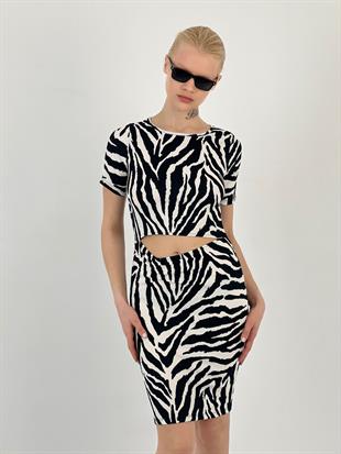 Kadın Göbeği Açık Zebra Desenli Siyah Ekru Kısa Elbise