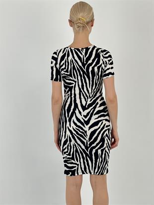 Kadın Göbeği Açık Zebra Desenli Siyah Ekru Kısa Elbise
