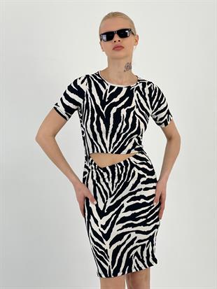Kadın Göbeği Açık Zebra Desenli Siyah Ekru Kısa Elbise