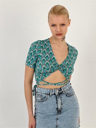 Kadın Göğsü Büzgülü Mint Şık Bluz
