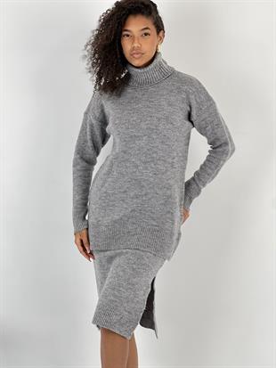 Kadın Gri Fitilli Uzun Kollu Kazak Yırtmaçlı Etek Takımı