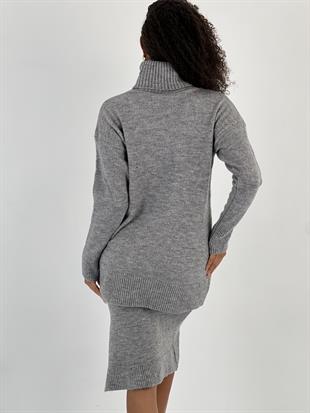 Kadın Gri Fitilli Uzun Kollu Kazak Yırtmaçlı Etek Takımı