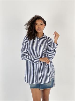 Kadın İnci Detaylı Lacivert Uzun Gömlek