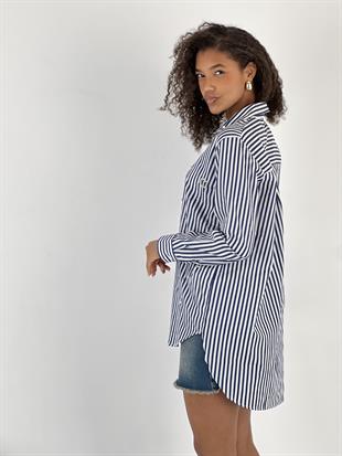 Kadın İnci Detaylı Lacivert Uzun Gömlek