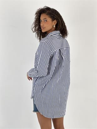 Kadın İnci Detaylı Lacivert Uzun Gömlek