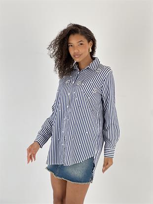 Kadın İnci Detaylı Lacivert Uzun Gömlek