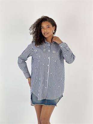 Kadın İnci Detaylı Lacivert Uzun Gömlek