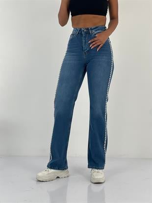 Kadın İnci Detaylı Yüksek Bel Mavi Jean Pantolon