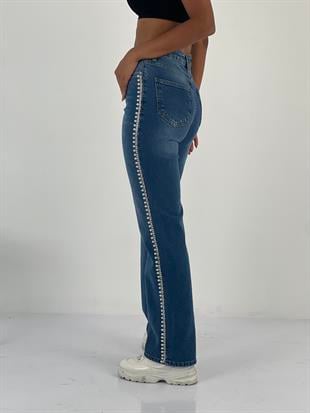 Kadın İnci Detaylı Yüksek Bel Mavi Jean Pantolon