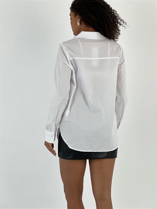 Kadın İnci Taş Detaylı Gizli Düğmeli Beyaz Gömlek