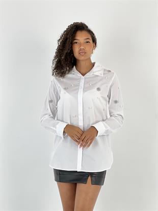 Kadın İnci Taş Detaylı Gizli Düğmeli Beyaz Gömlek