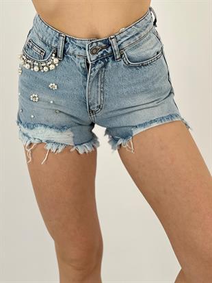Kadın İnci Taşlı Mavi Denim Şort