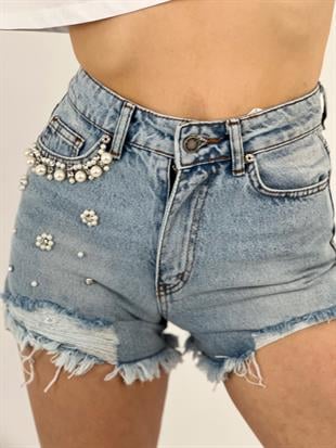 Kadın İnci Taşlı Mavi Denim Şort