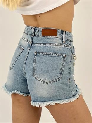 Kadın İnci Taşlı Mavi Denim Şort