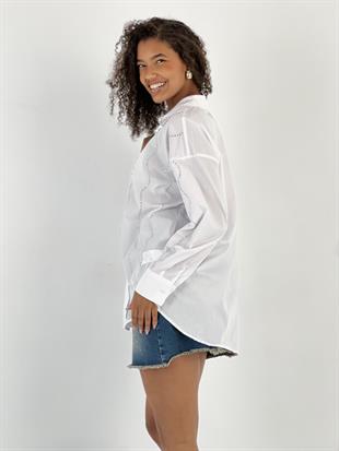 Kadın İnci Yaka Detaylı Beyaz Gömlek