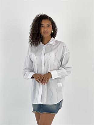 Kadın İnci Yaka Detaylı Beyaz Gömlek