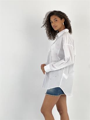 Kadın Işıltılı Taş Detaylı Beyaz Gömlek