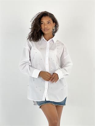 Kadın Işıltılı Taş Detaylı Beyaz Gömlek