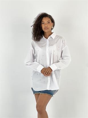 Kadın Işıltılı Taş Detaylı Beyaz Gömlek