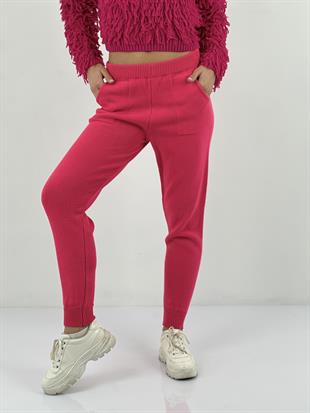 Kadın K.Fuşya Yüksek Bel Dar Paça Cepli Triko Pantolon