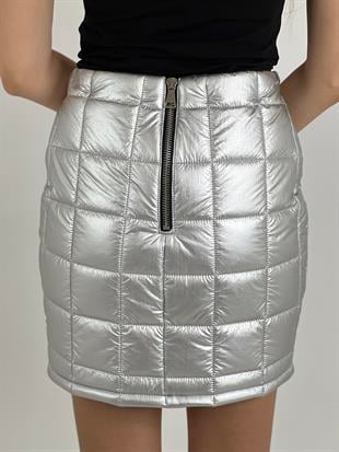 Kadın Kapitone Mini Etek - Gümüş