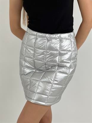 Kadın Kapitone Mini Etek - Gümüş