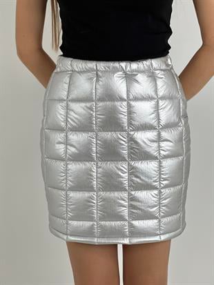 Kadın Kapitone Mini Etek - Gümüş