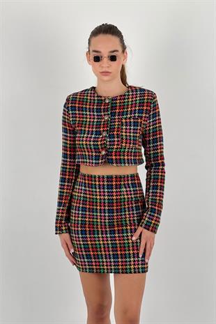 Kadın Kare Desenli Kırmızı Takım