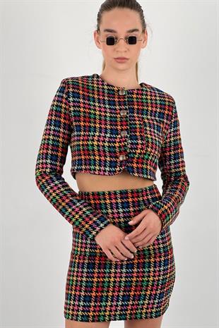 Kadın Kare Desenli Kırmızı Takım