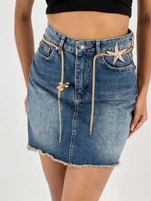 Kadın Kemer Zincir Aksesuar Detaylı Denim Kot Etek