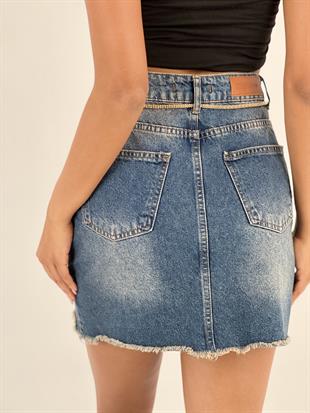 Kadın Kemer Zincir Aksesuar Detaylı Denim Kot Etek