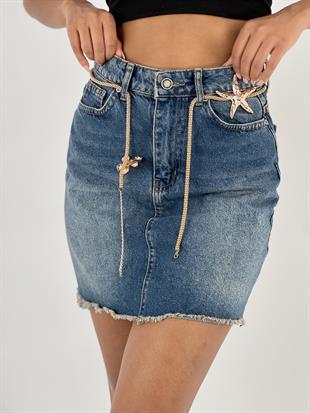 Kadın Kemer Zincir Aksesuar Detaylı Denim Kot Etek