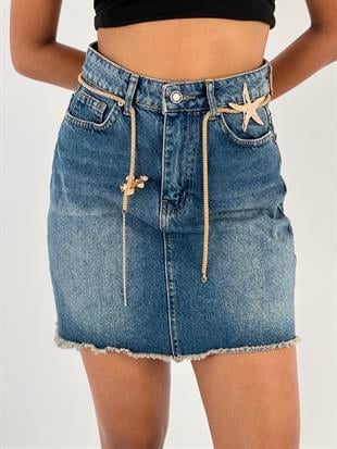 Kadın Kemer Zincir Aksesuar Detaylı Denim Kot Etek