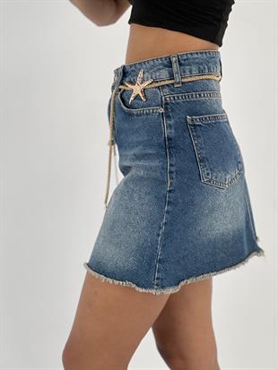 Kadın Kemer Zincir Aksesuar Detaylı Denim Kot Etek