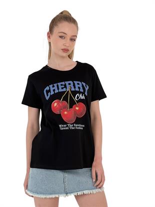 Kadın Kiraz Baskılı Kısa Kollu Yazlık Siyah Tişört