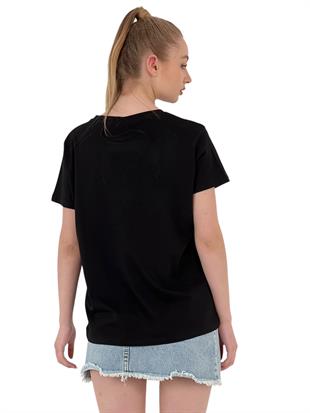 Kadın Kiraz Baskılı Kısa Kollu Yazlık Siyah Tişört