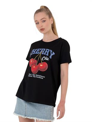 Kadın Kiraz Baskılı Kısa Kollu Yazlık Siyah Tişört