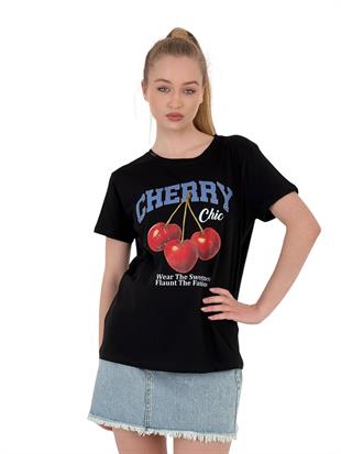 Kadın Kiraz Baskılı Kısa Kollu Yazlık Siyah Tişört