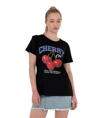 Kadın Kiraz Baskılı Kısa Kollu Yazlık Siyah Tişört