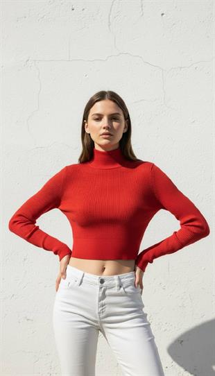 Kadın Kırmızı Balıkçı Yaka Fitilli Crop Triko Kazak