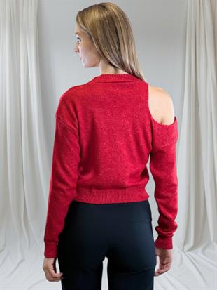 Kadın Kırmızı V Yaka Triko Hırka 