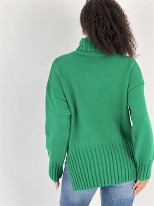 Kadın Kısa Kesim Boğazlı Yeşil Triko Kazak