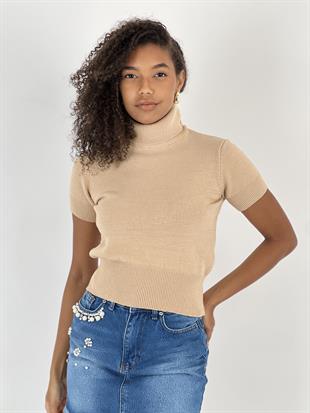 Kadın Kısa Kollu Boğazlı Crop Bej Triko Bluz