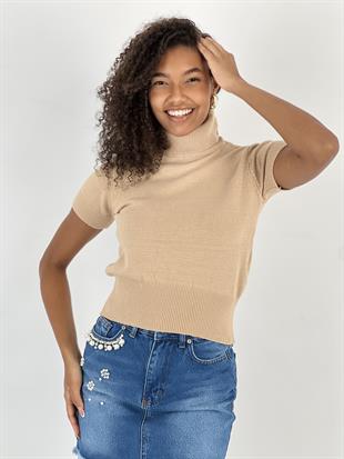 Kadın Kısa Kollu Boğazlı Crop Bej Triko Bluz