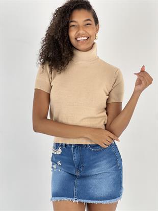 Kadın Kısa Kollu Boğazlı Crop Bej Triko Bluz