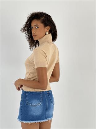 Kadın Kısa Kollu Boğazlı Crop Bej Triko Bluz